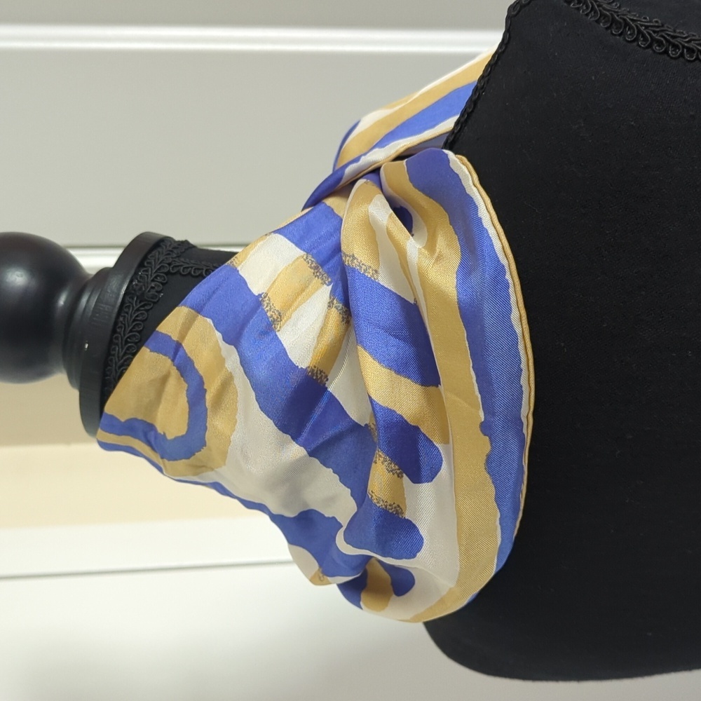 Vera Long Silk Scarf Abstract Design Blue Gold White Quiet Luxury Designer - Picture 6 of 13